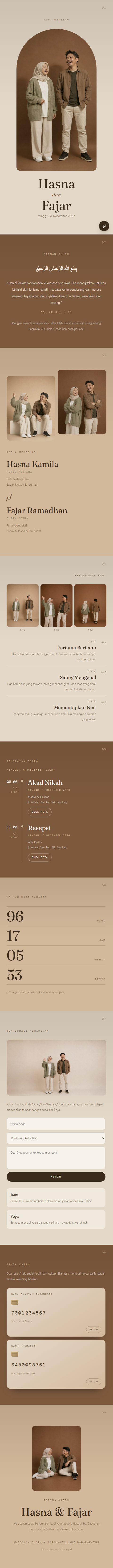 Contoh undangan pernikahan digital eksklusif Studio Hangat (Cokelat & Sage) — ajakdatang.id